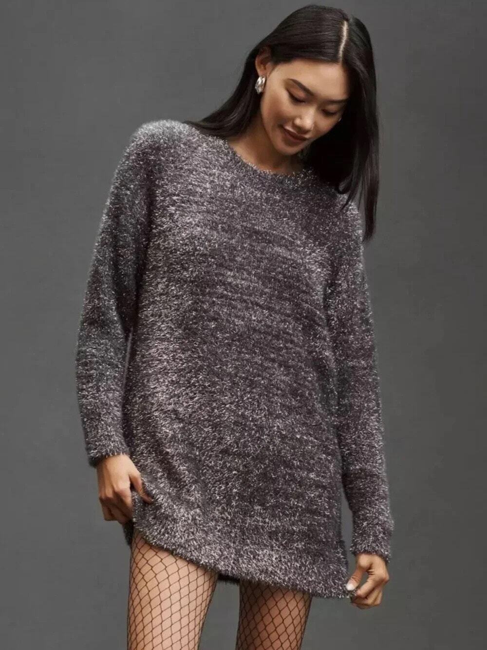NWT By Anthropologie Grey Silver Metallic Eyelash Knit Sweater Dress Small